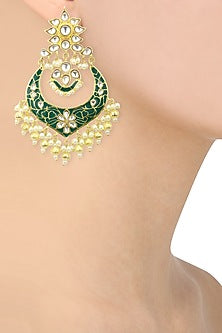 22K Gold Finish Kundan and Green Enamel Chandbali Earrings