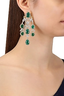 Rhodium and Gold Finish White Sapphire and Emerald Earrings