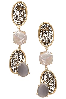 Gold Plated Black and White Semi Precious and Pearl Earrings