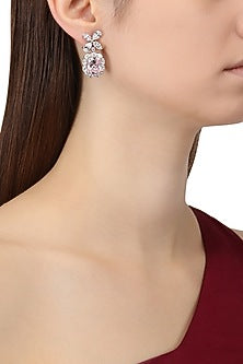 Rhodium Finish White and Baby Pink Zircons Earrings