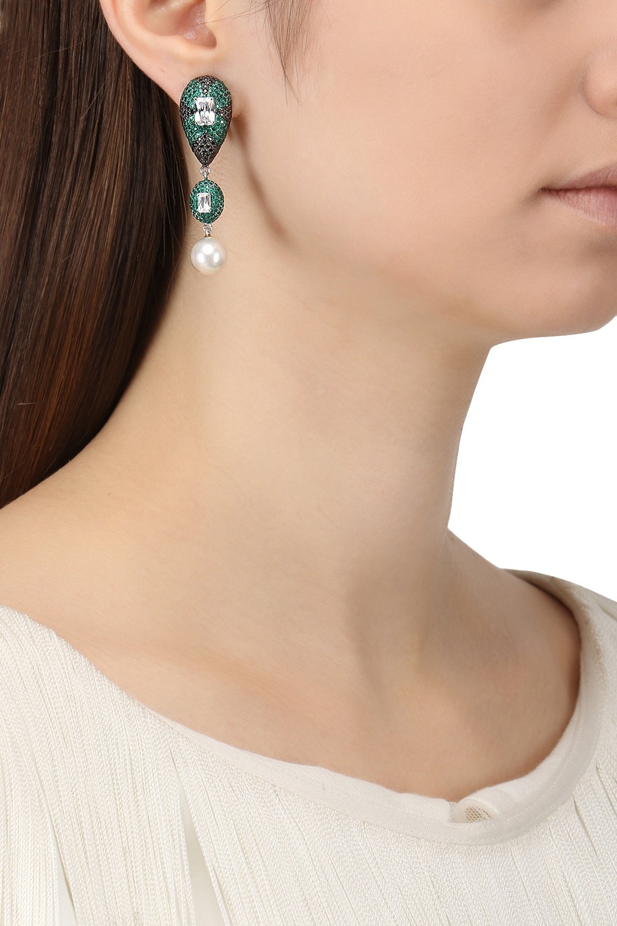Rhodium Finish Zircons and Pearl Drop Earrings