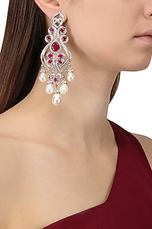 Rhodium Finish Zircons, Ruby and Pearl Earrings