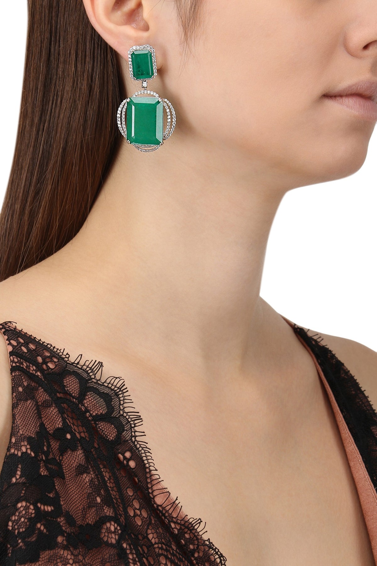 Rhodium Finish Zircons and Emerald Stone Drop Earrings