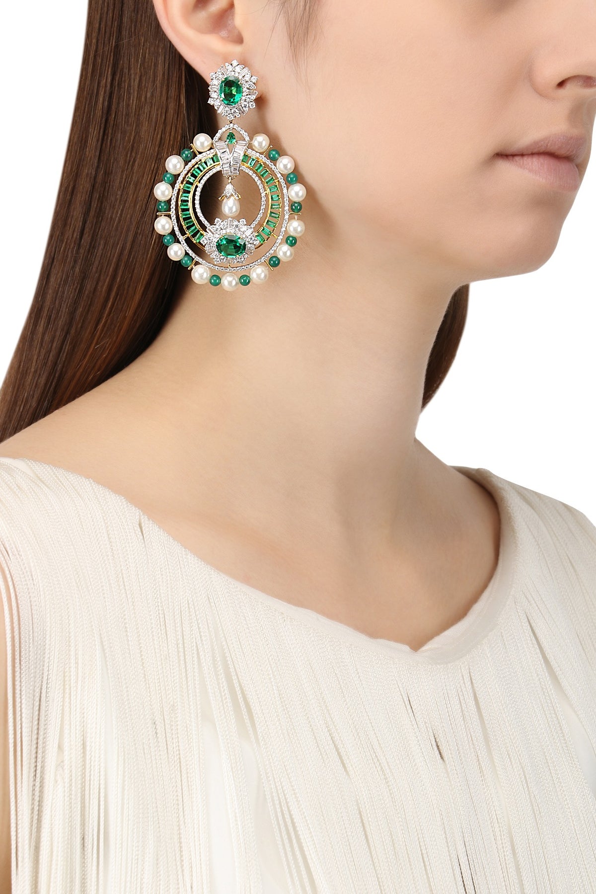 Rhodium and Gold Dual Finish Zircons and Emerald Stone Earrings