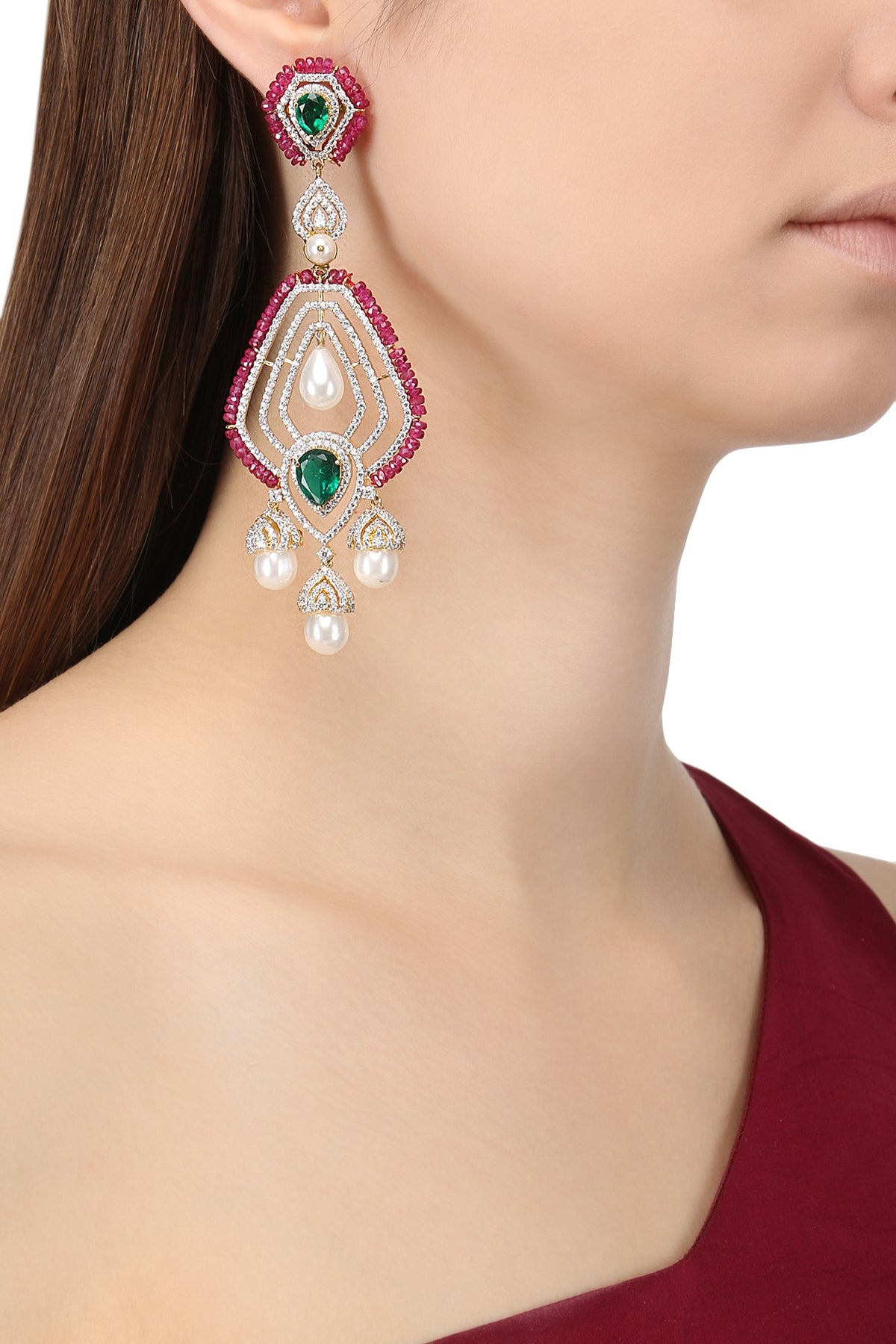 Rhodium Plated Zircons, Emerald and Ruby Earrings