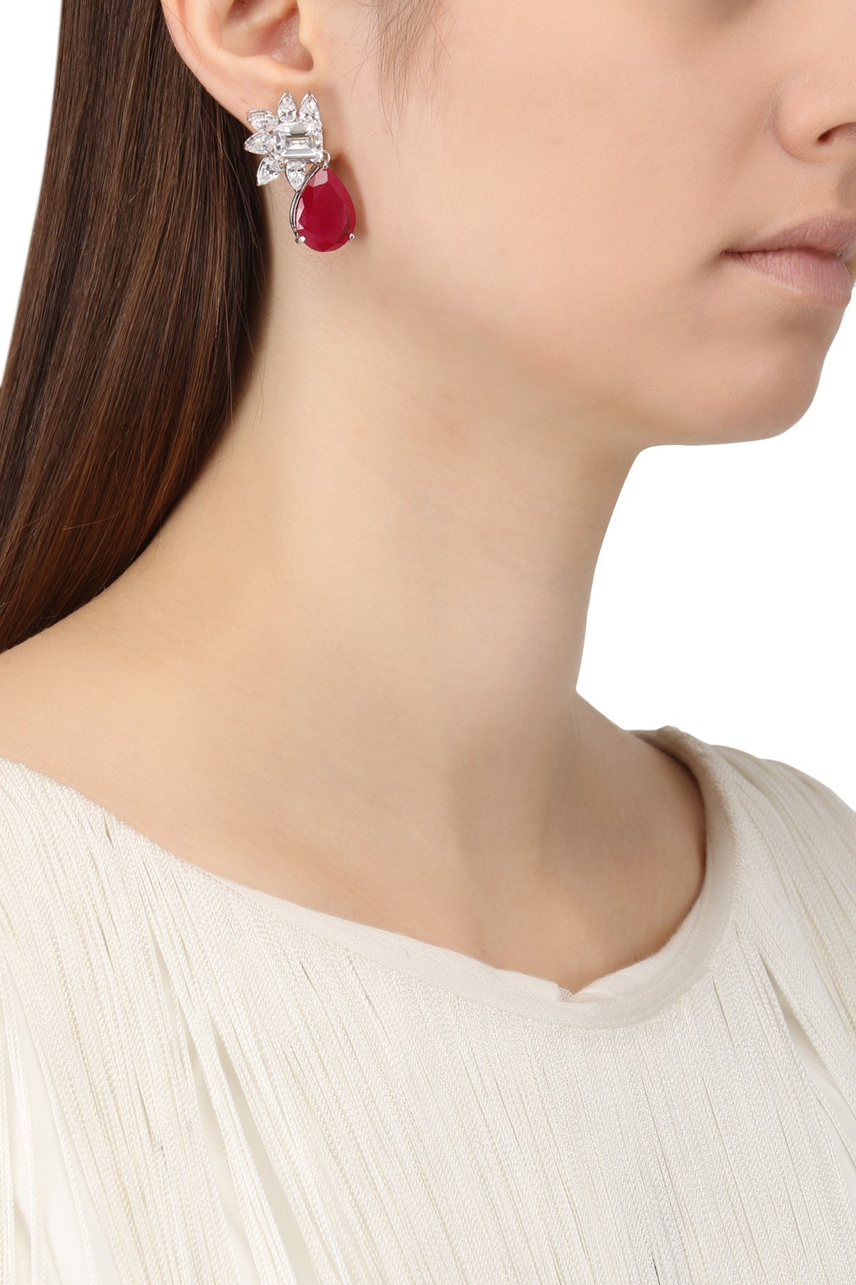 Rhodium Plated Cubic Zircons and Ruby Drop Earrings