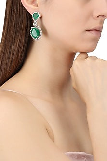 Rhodium Finish Zircons and Emerald Drop Earrings