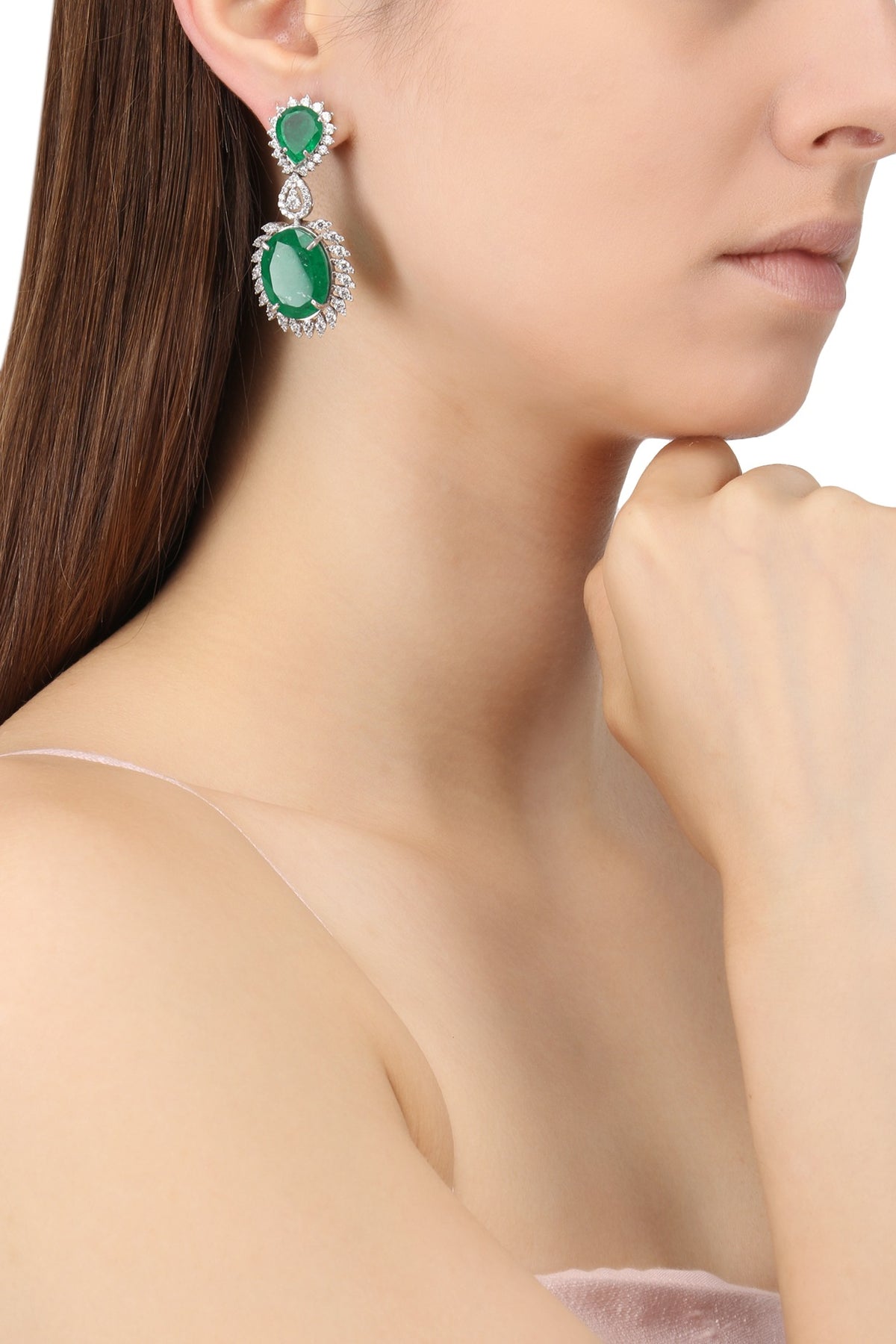 Rhodium Finish Zircons and Emerald Drop Earrings