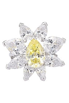 Rhodium Finish Tear Shaped Yellow and White Zircons Ring