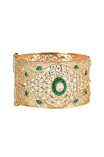 Gold Finish Kundan Polki & Green Stone Bangle