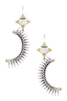 Antique Silver Finish Square Stone and Spikes Half Moon Earrings