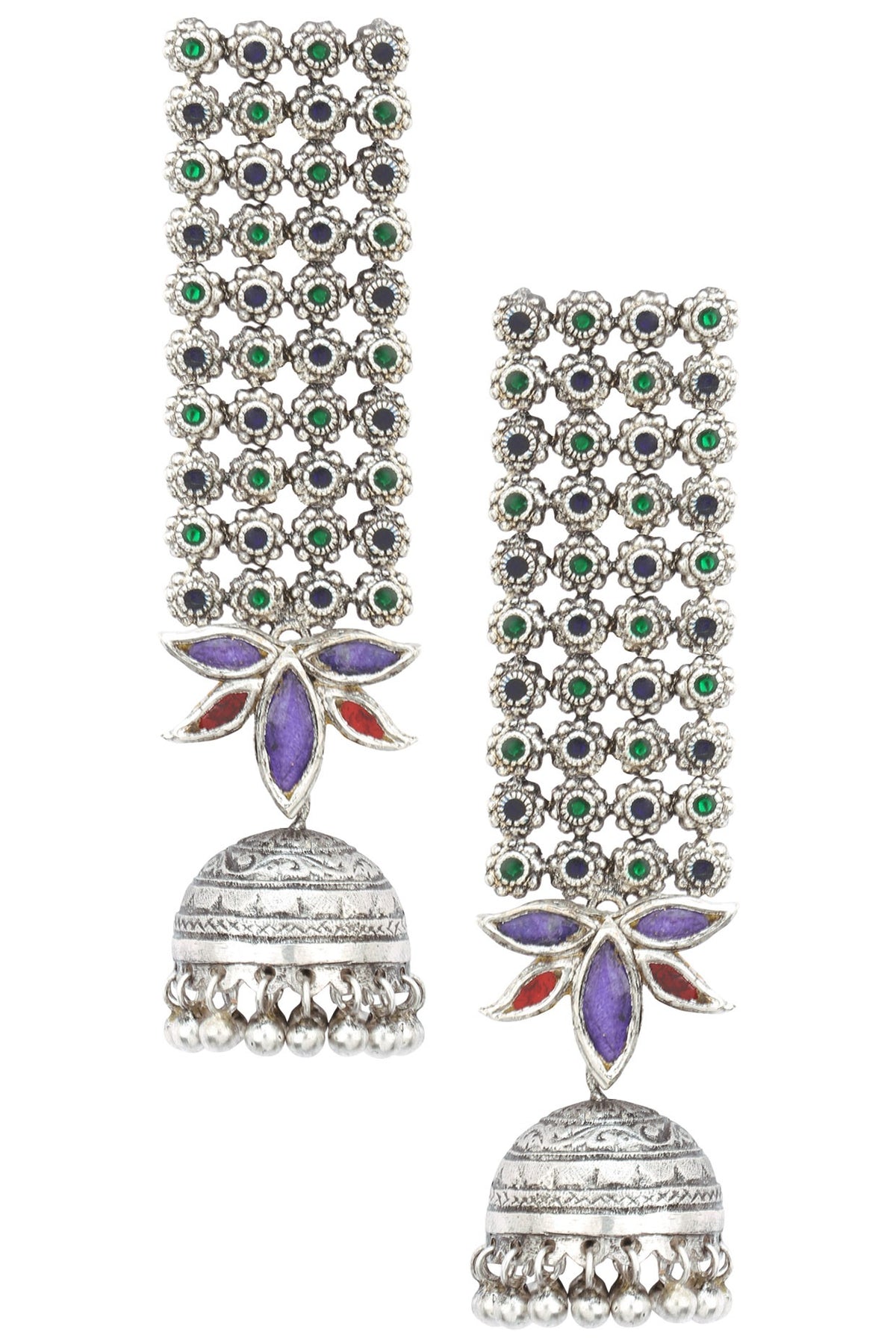 Antique Silver Finish Glass Stone Jhumki Drop Earrings