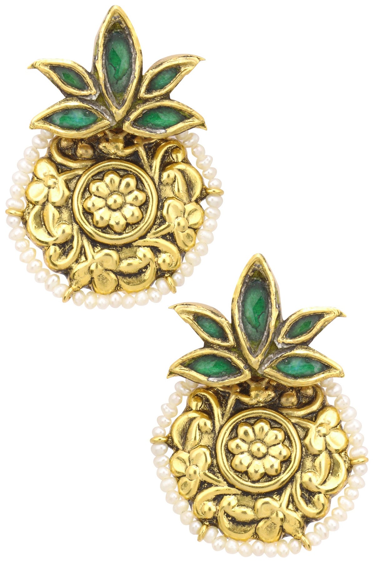 Gold Finish Glass Stone Textured Round Earrings