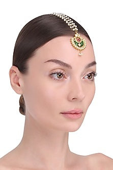 Gold Finish Green Crescent Motid Maang Tikka