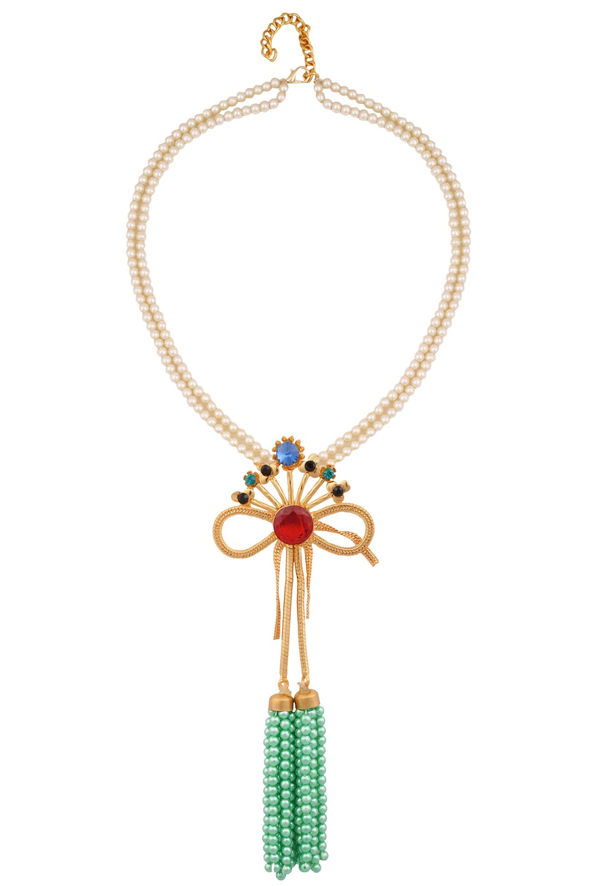 Gold Finish Bow Pendant Pearl String Necklace