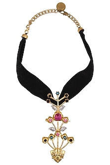 Gold Finish Stone Studded Floral Pendant With Black Thread