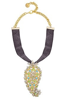 Gold Plated Paisley Pendant Grey Velvet Choker