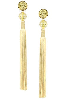 Gold Plated Textured Beige Silk Tassel Earrings