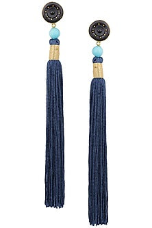 Gold Plated Blue Stone and Navy Silk Tassel Earrings