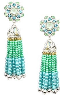 Gold Plated Blue and Green Pearl Tassel Earrings
