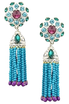 Rhodium Finish Purple Stone and Blue Beads Tassel Earrings