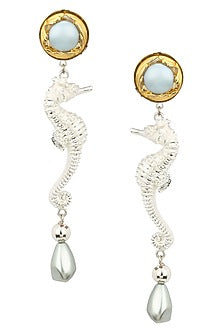 Rhodium Finish Blue Top Sea Horse Earrings