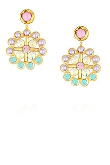 Gold finish semi precious stone and lavender pearl round big earrings