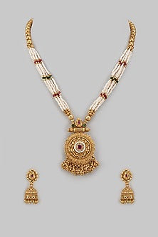 Gold Finish Kundan Polki & Pearl Temple Long Necklace Set