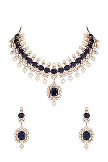 Gold Finish Faux Pearl & Blue Stones Necklace Set