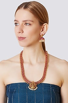 Gold Finish Red Stone & Faux Pearl Long Necklace Set