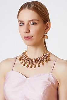 Gold Finish Red & White Kundan Polki Necklace Set