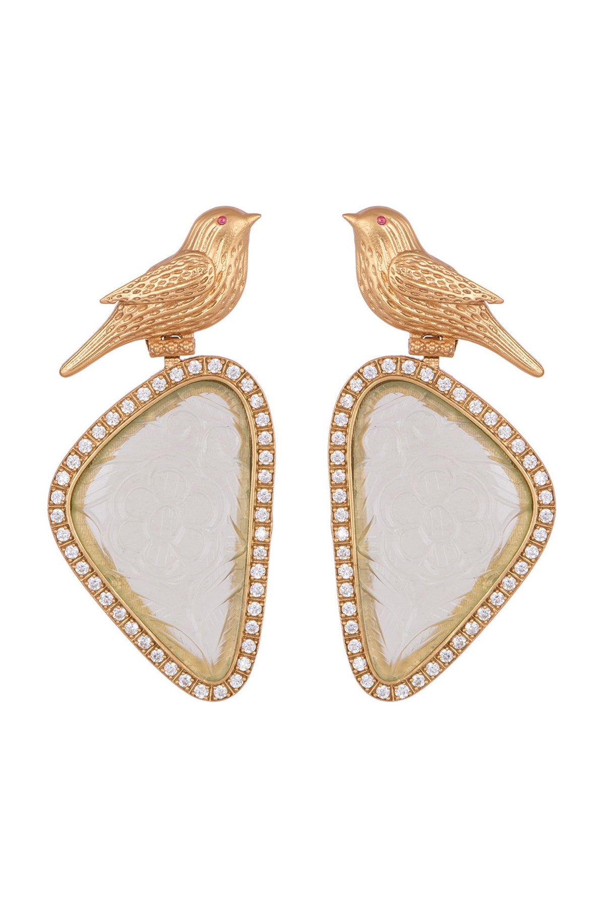 Gold Finish Green Stone Bird Earrings