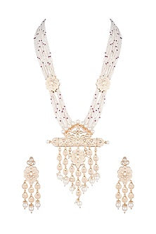 Gold Finish Kundan Polki & Faux Pearl Enameled Long Mala Set