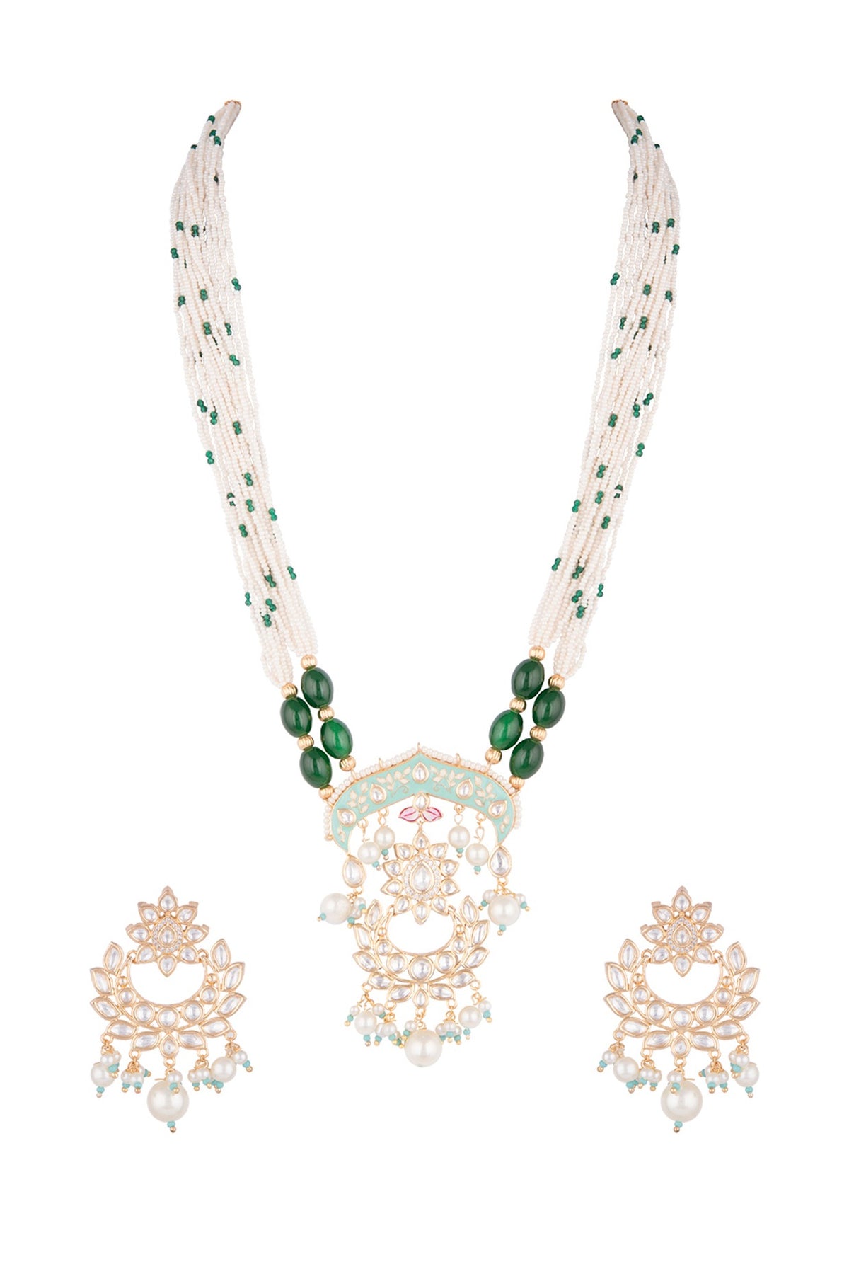 Gold Finish Kundan Polki & Green Stone Enameled Necklace Set