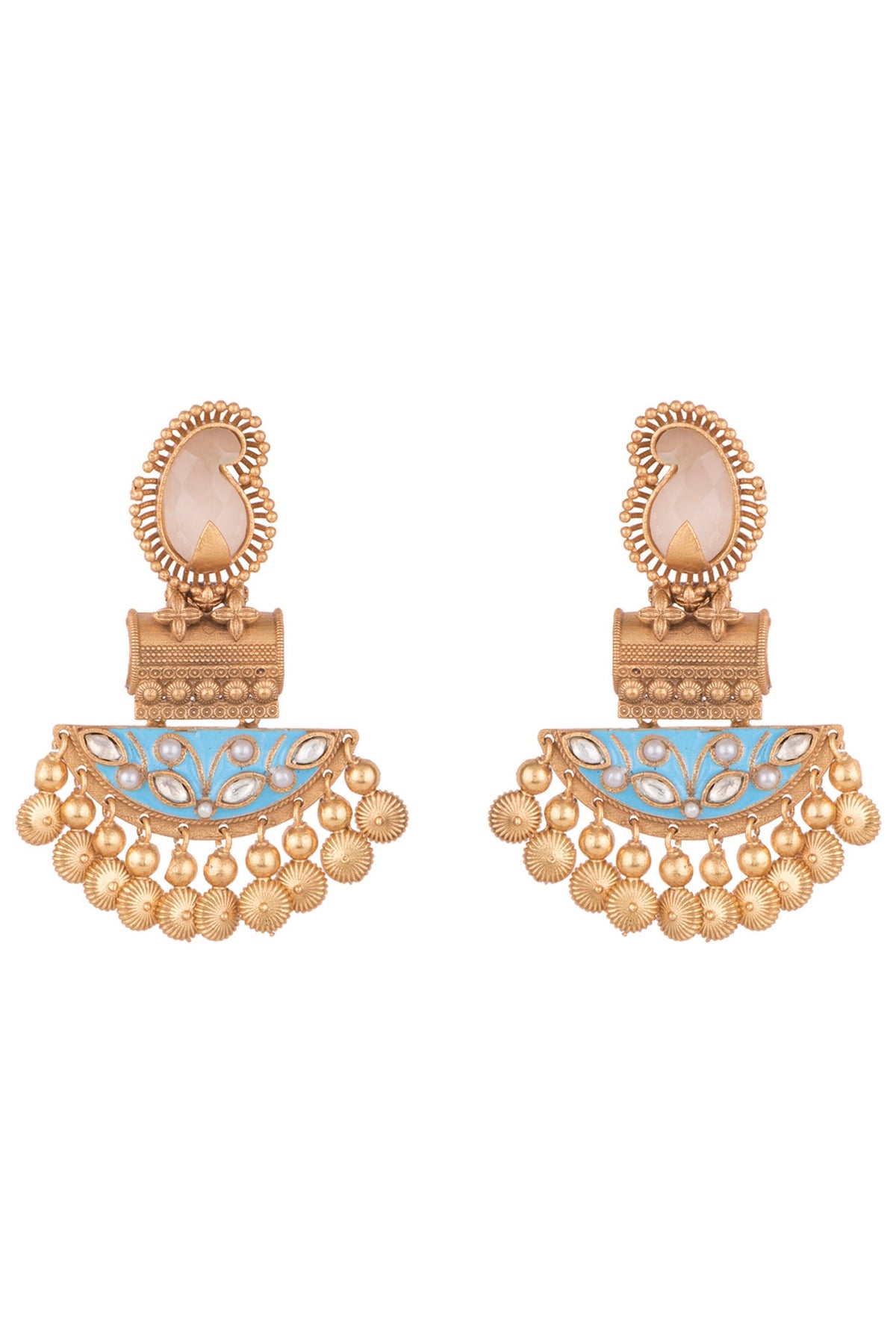 Gold Finish Kundan Polki & Pink Stone Enameled Earrings