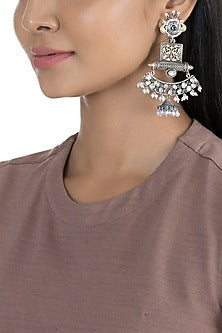 Black Rhodium Finish Faux Pearl & Blue Stone Earrings