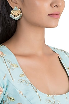 Gold Finish Blue Stone & Faux Pearl Earrings