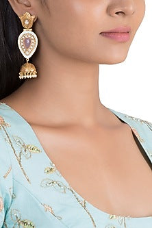 Gold Finish Kundan Polki & Blue Enameled Jhumka Earrings