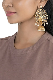 Gold Finish Faux Pearl & Blue Stone Peacock Earrings
