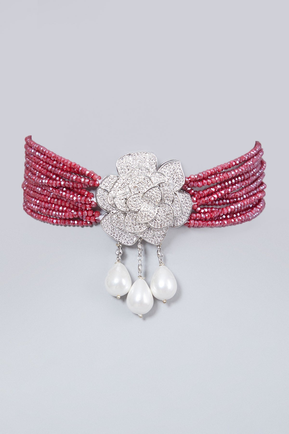 White Finish Zircon & Dark Pink Beaded Choker Necklace