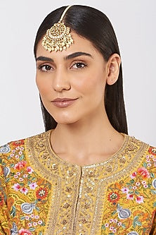 Gold Finish Pearl & Pachi Kundan Polki Maang Tikka