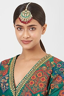 Gold Finish Kundan Polki & Red Stone Maang Tikka