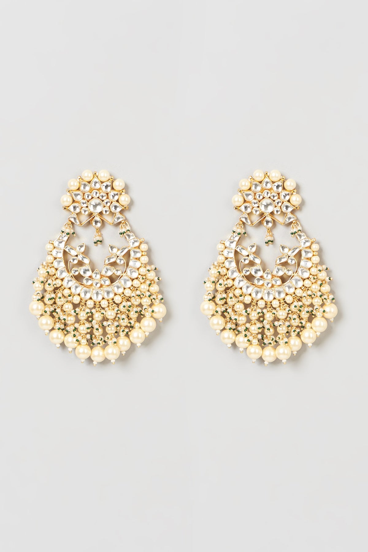 Gold Finish Pachi Kundan Polki & Pearl Chandbali Earrings