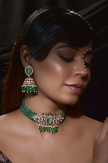 Gold Finish Kundan Polki & Green Stone Choker Necklace Set
