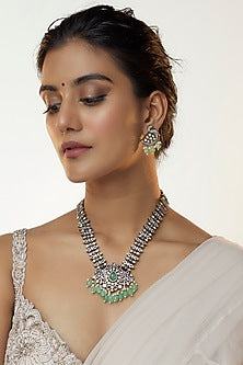 Two Tone Finish Kundan Polki & Green Stone Long Necklace Set
