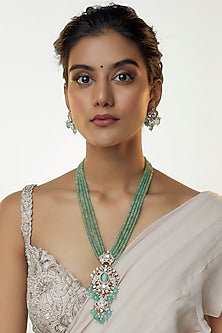 Two Tone Finish Kundan Polki & Green Stone Long Necklace Set