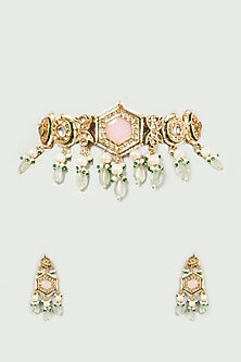 Gold Finish Kundan Polki & Green Beaded Choker Necklace Set