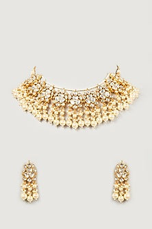 Gold Finish Kundan Polki & Pearl Choker Necklace Set
