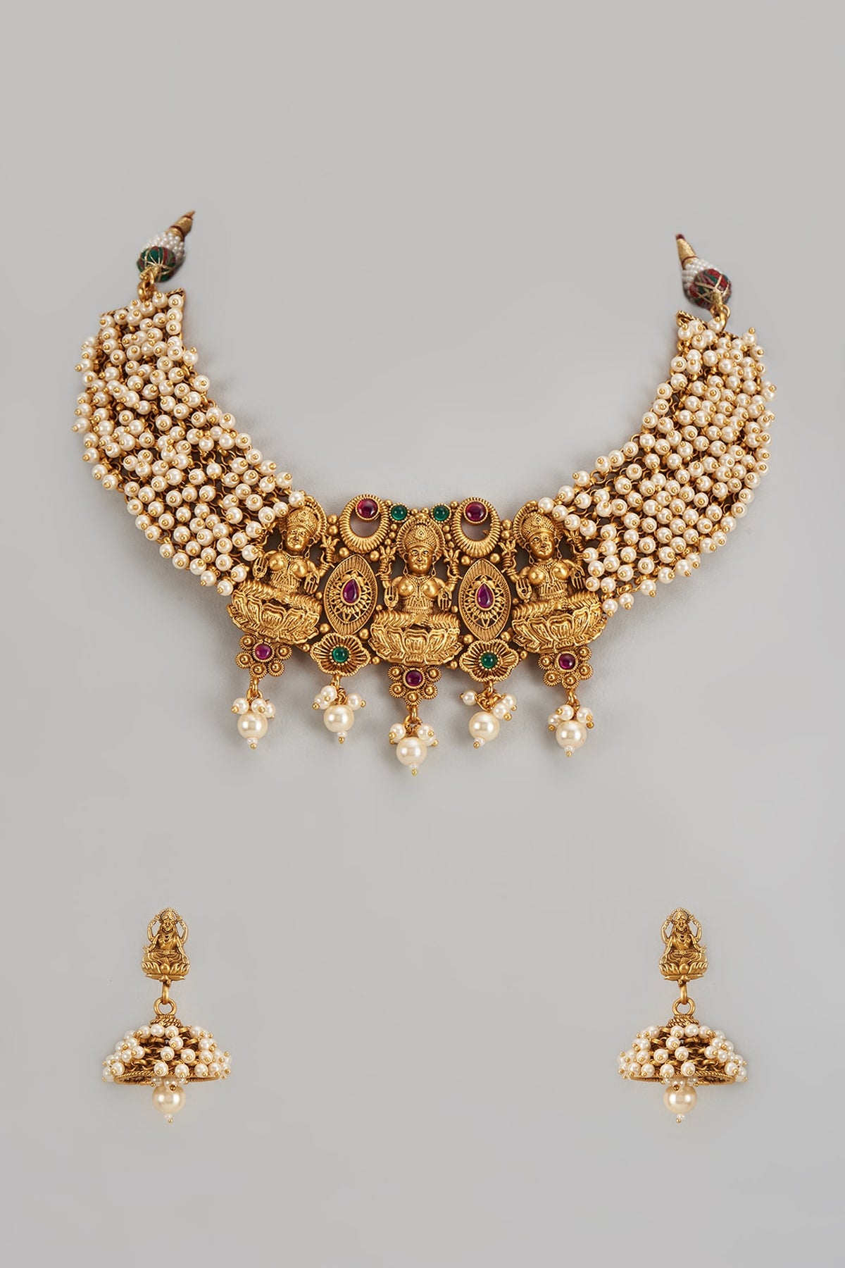 Gold Finish Multi-Colored Stone & Kundan Polki Temple Necklace Set