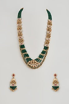 Gold Finish Multi-Colored Stone Temple Long Necklace Set